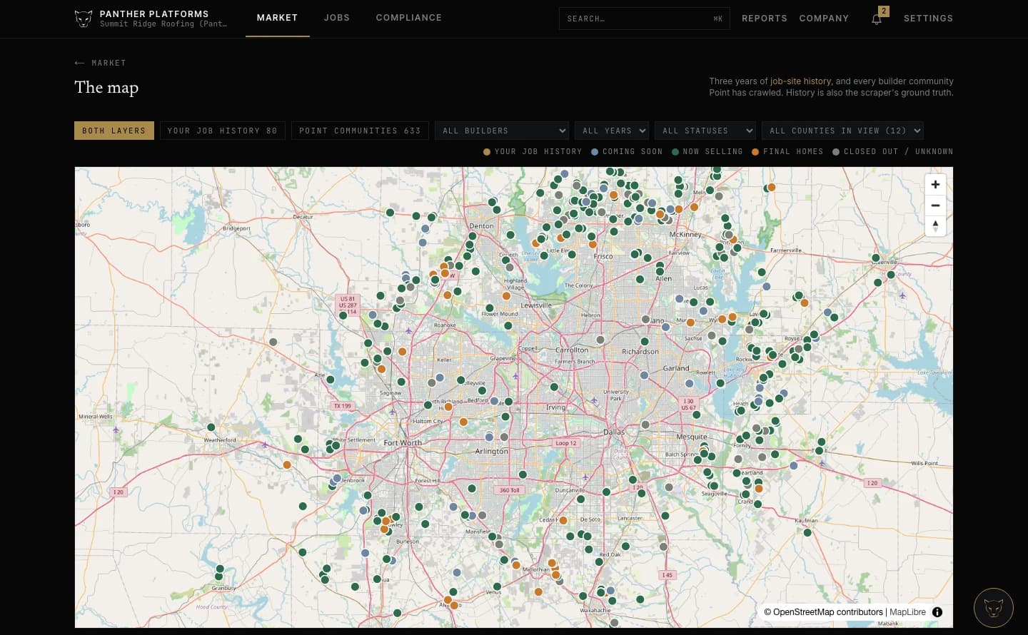 Panther Market's map over Dallas–Fort Worth showing 633 tracked builder communities as coloured dots across twelve counties, with filters for builder, year, status and county.