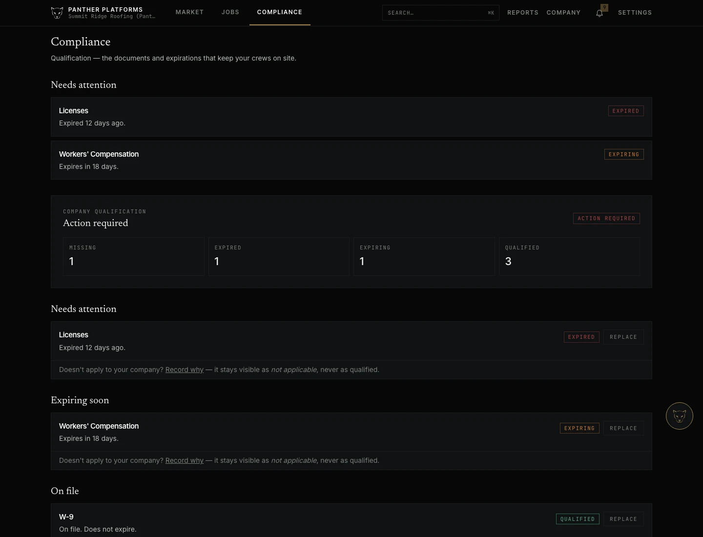 Panther's Compliance workspace showing builder requirements with qualified, expiring, expired and action-required states, and the documents attached to each.